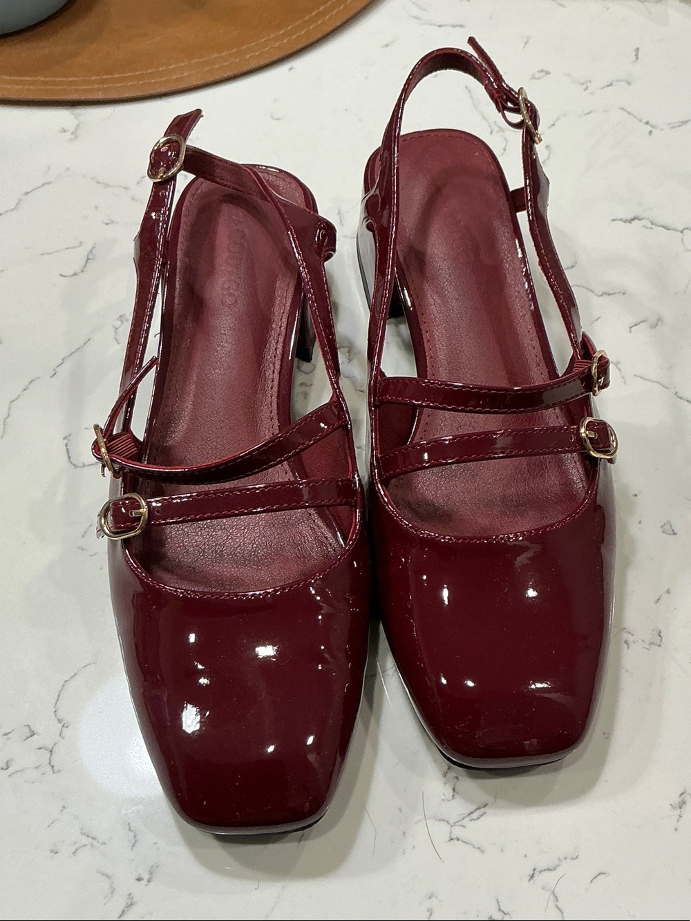 Patent Burgundy Mary Jane Slingback Mules with Double Straps